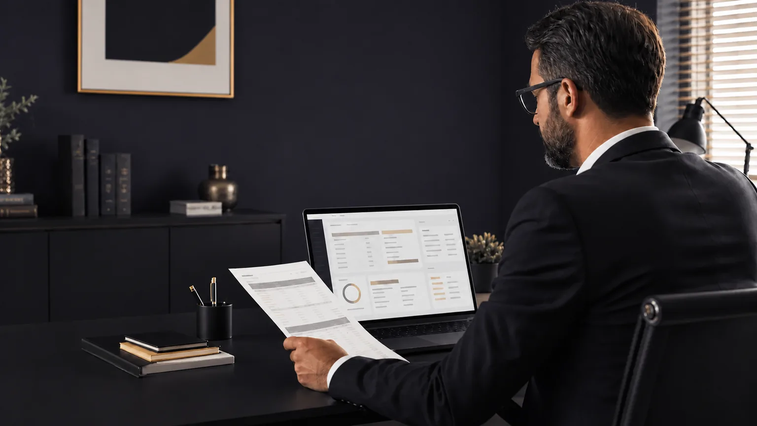 Profissional contábil trabalhando com documentos e um sistema no escritório