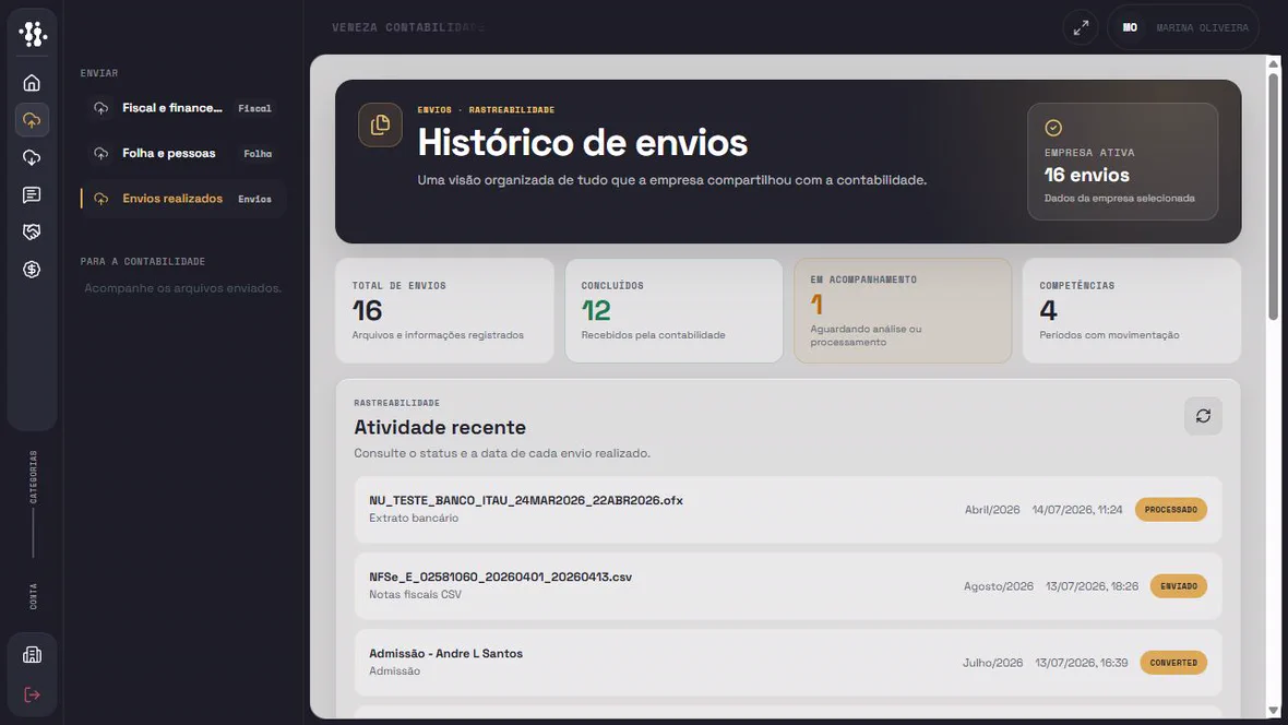 Tela do Portal do Cliente com o histórico de envios e rastreabilidade