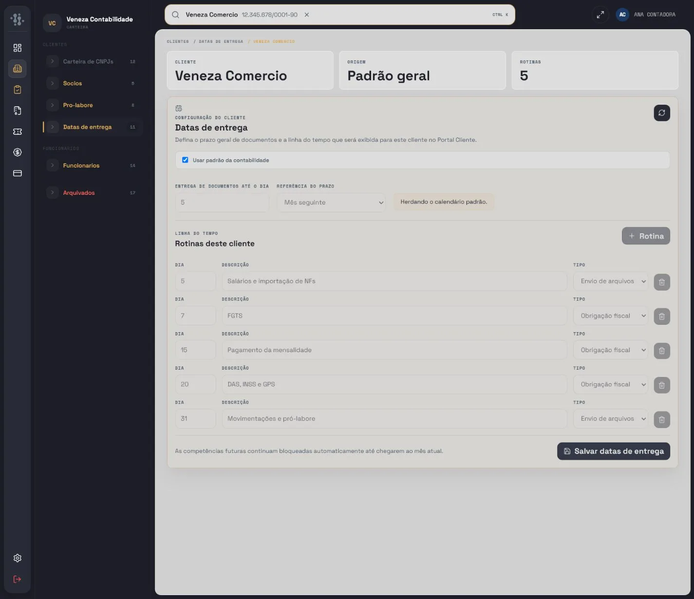 Tela de competência e prazos no Admin Contabilidade