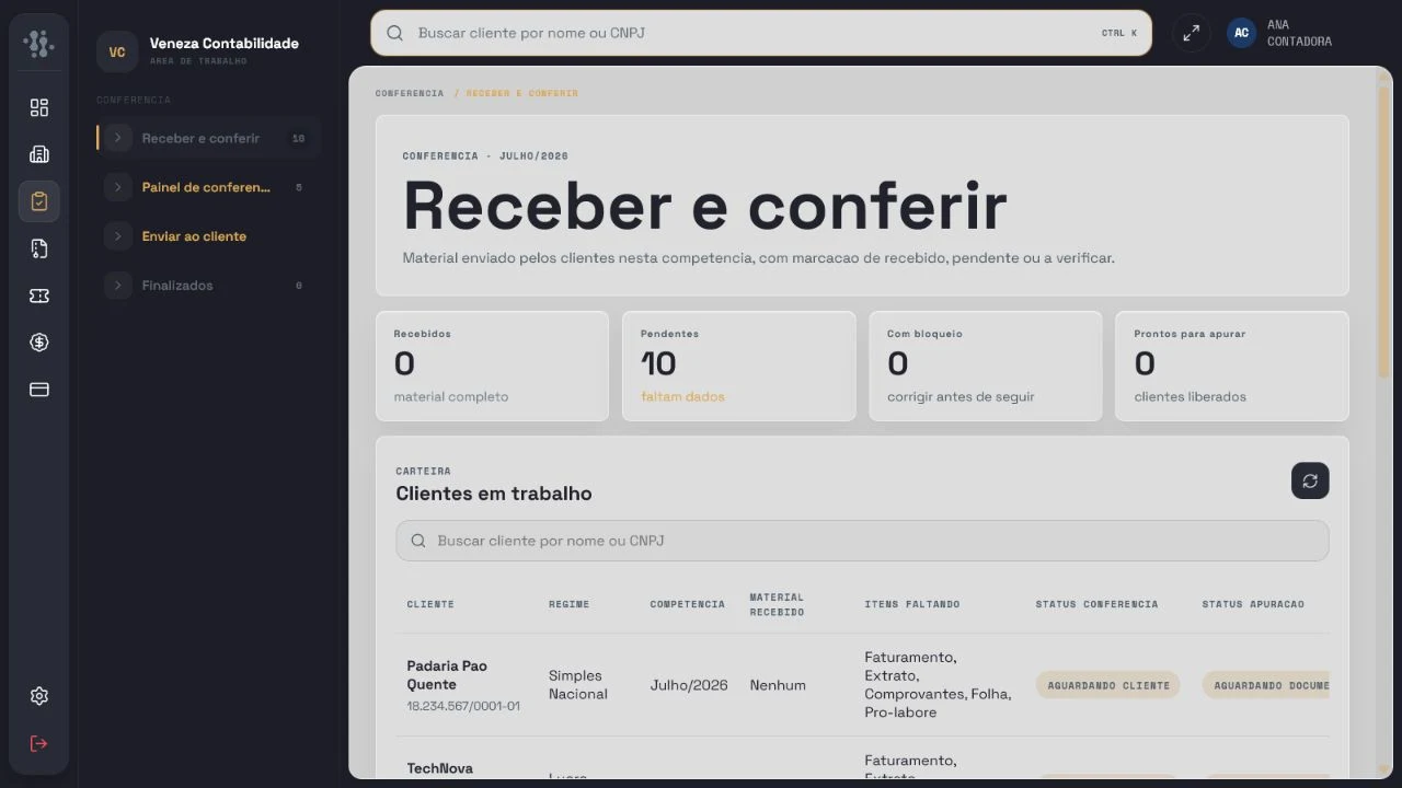 Tela demonstrativa: Admin Contabilidade · Recebimento