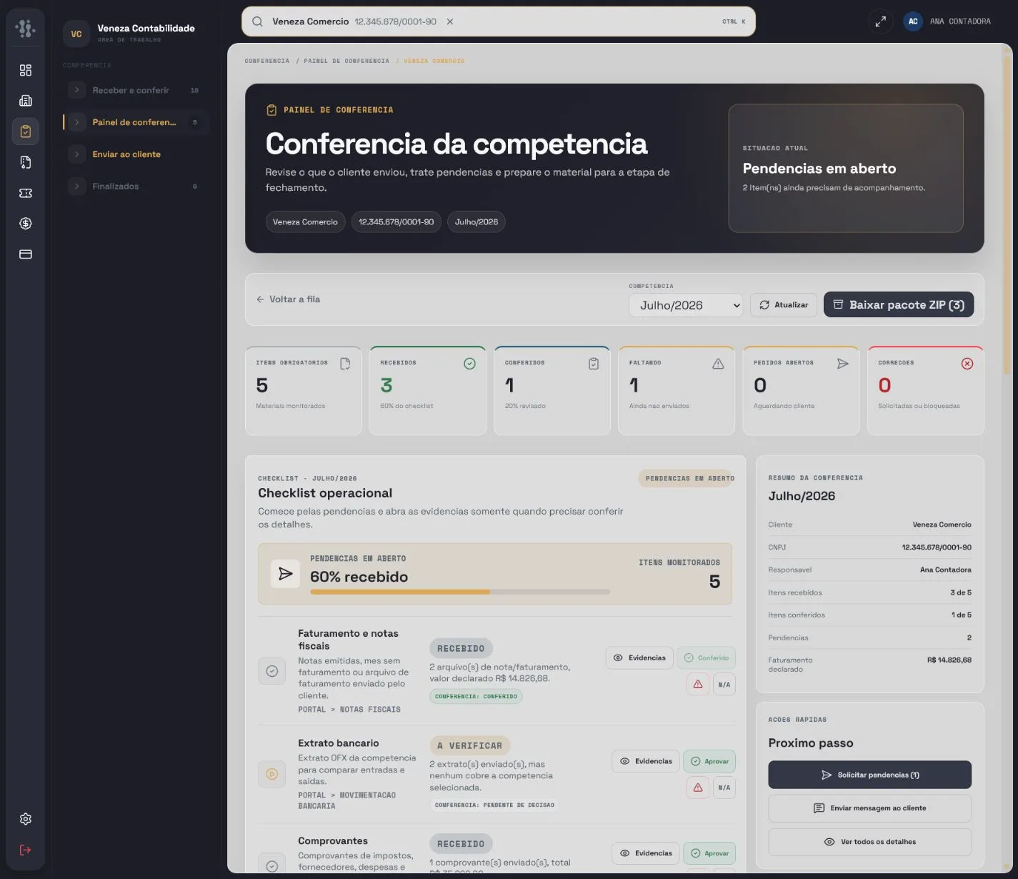 Tela demonstrativa: Admin Contabilidade · Painel de conferência