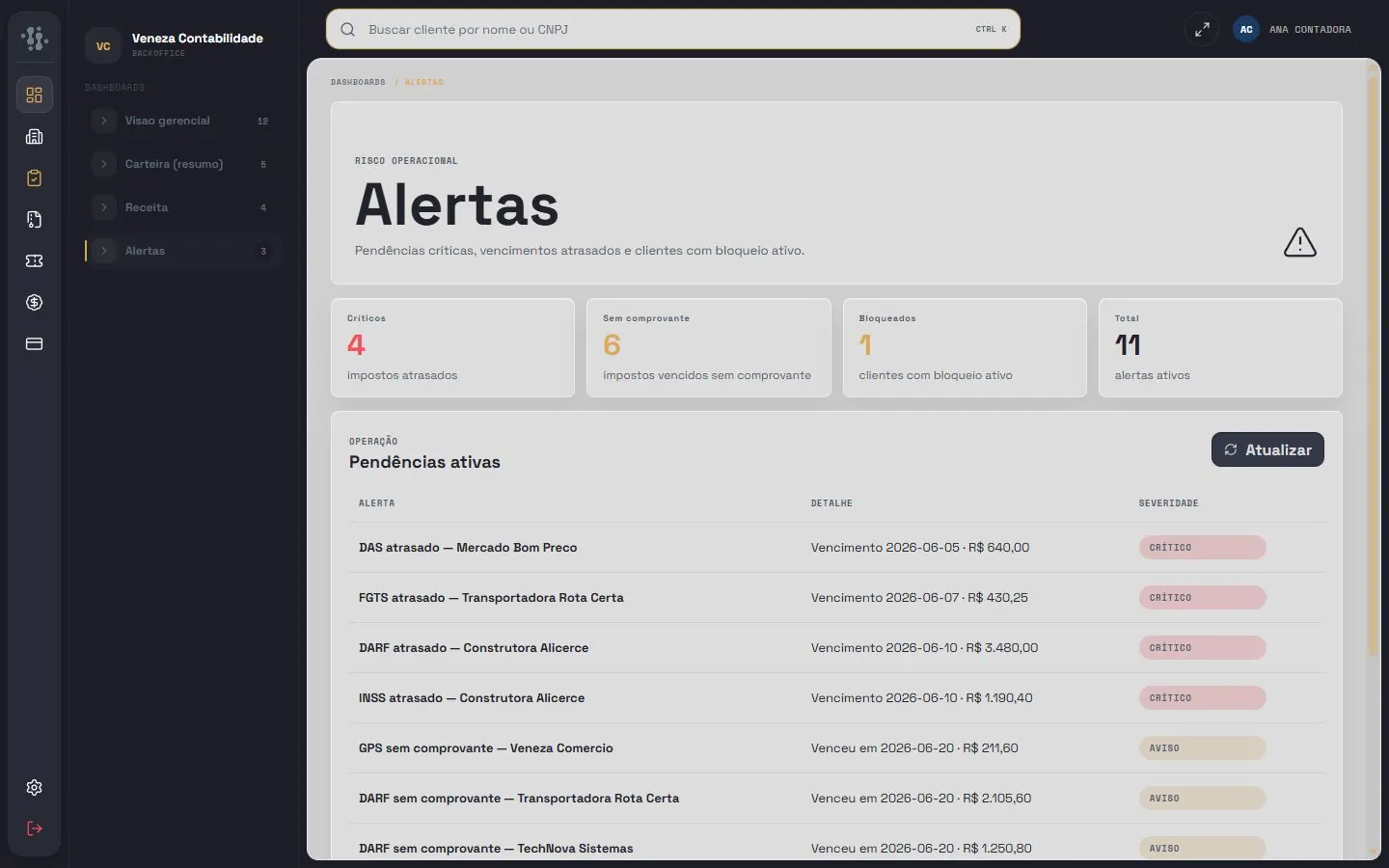 Tela demonstrativa: Admin Contabilidade · Pendências