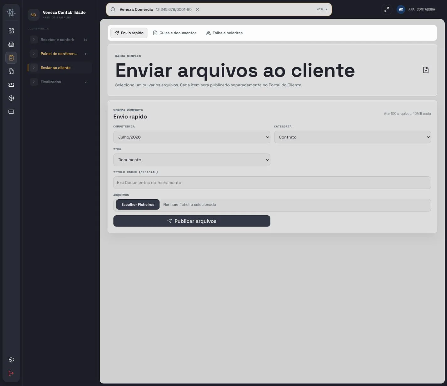Tela demonstrativa: Admin Contabilidade · Enviar ao cliente
