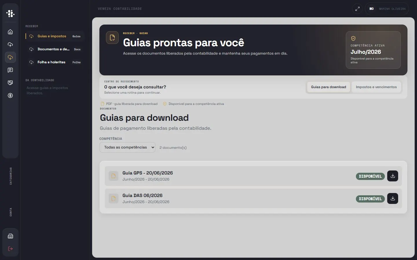 Tela demonstrativa: Portal do Cliente · Guias e documentos